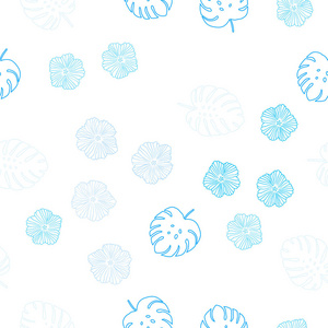 浅蓝色矢量无缝涂鸦背景与花叶。 闪耀的彩色插图与叶子和花。 织物壁纸设计图案。