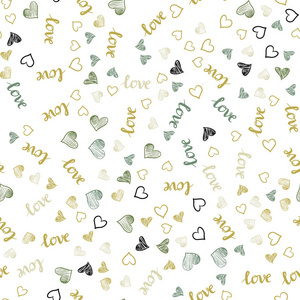浅绿色黄色矢量无缝背景与文字的爱的心。 彩色梯度短语以抽象的方式爱你的心。 织物壁纸设计图案。