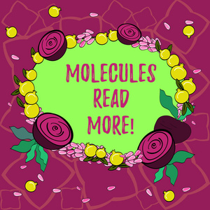 文本符号显示分子阅读更多。由微小种子小光泽石榴和切面制成的化学原子粒子螨花花环的概念图