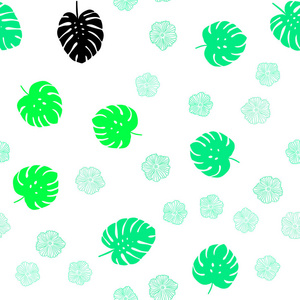 浅绿色矢量无缝涂鸦背景与花叶。 全新的彩色插图与叶子和花。 纺织品壁纸设计。