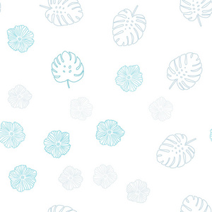 浅蓝色矢量无缝涂鸦背景与花叶。 闪烁的抽象插图与叶子和花。 壁纸面料制造商的设计。