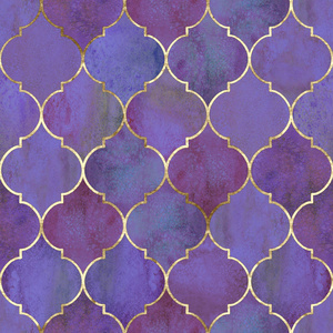老式装饰摩洛哥无缝图案与黄金线。 水彩画手画明亮的彩色紫色背景。 水彩几何东方纹理。 用于纺织壁纸包装的打印。