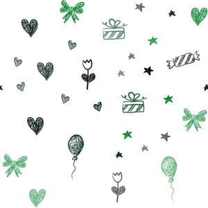 深绿色矢量无缝布局在新年风格。 插图与渐变心巴伦糖果礼物明星丝带。 假日广告的设计。