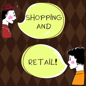 文字文字购物和零售。营业场所的经营理念通常由零售商拥有和经营的手绘人员和 wo 分析与空白颜色语音泡泡的谈话照片