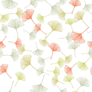 浅绿色红色矢量无缝涂鸦背景与叶子。 一种模糊的抽象插图，叶子是涂鸦式的。 名片网站模板。