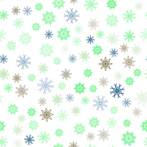 浅蓝绿色矢量无缝纹理与彩色雪花。 现代几何抽象插图与冰晶。 纺织品壁纸设计。
