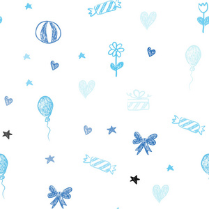 轻型蓝色矢量无缝布局在新年风格。抽象插图与心，巴伦，糖果，礼物，星星，丝带。模式为嘉年华，节日广告..