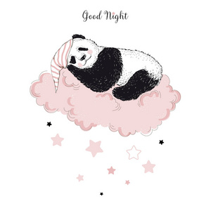 甜蜜的梦熊猫云戴睡帽插图向量为苗圃女婴打印设计