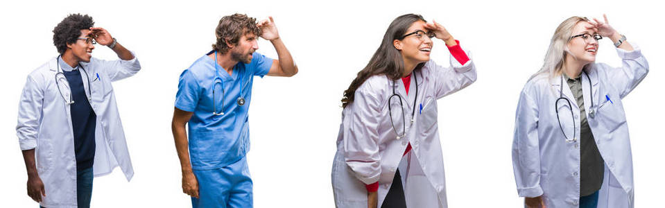 拼贴的一组医生，护士，外科医生，在孤立的背景下，非常高兴和微笑，用手捂住头看着远方。 搜索概念。
