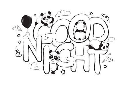 晚安贺卡设计与可爱的熊猫和报价