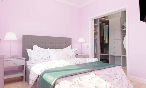 带更衣室的粉红色卧室三维插图