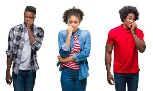 美国黑人群体的拼贴，非洲头发在孤立的背景上看起来压力和紧张，双手咬嘴指甲。 焦虑问题。