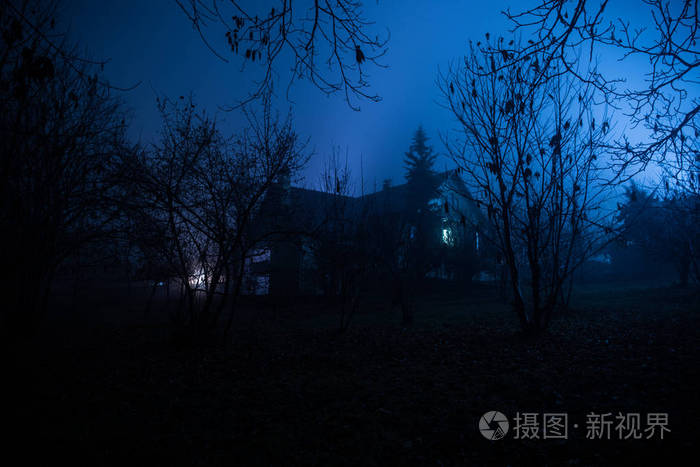 晚上在森林里有鬼魂的老房子,或者在雾中被遗弃的鬼屋
