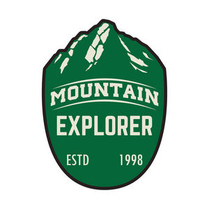 山地探险家。 徽记模板与山峰。 标志标签标志的设计元素。 矢量插图