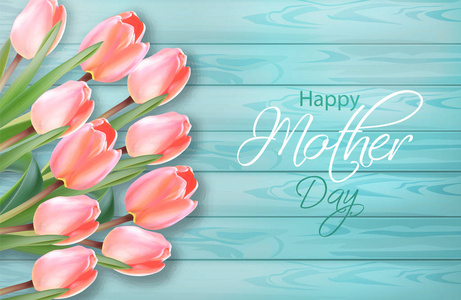 快乐的母亲节郁金香花花束向量现实。春季夏季卡片3d 插图上的蓝色木背景。精致的假日模板