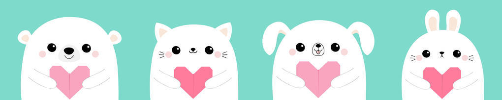 情人节快乐。 白熊兔兔子狗小狗猫小猫头脸套着粉红色折纸心。 可爱的卡通卡瓦伊有趣的婴儿动物角色。 平爱卡蓝底矢量