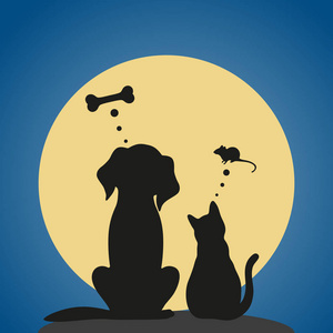 狗和猫坐在月亮和夜空的背景上。