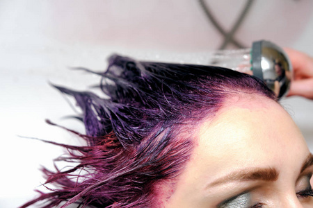概念。 主人在理发师的浴室里用洗发水洗紫色头发的女孩。 可见主人的手和头发女孩的头