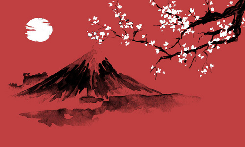 日本传统的染发漆。富士山, 樱花, 日落。日本太阳。印第安墨水例证。日语图片