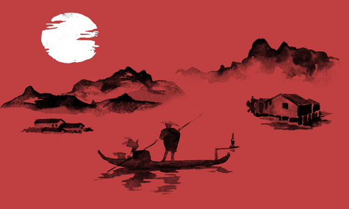 日本传统的染发漆。印第安墨水例证。人和船。日落, 黄昏。日语图片