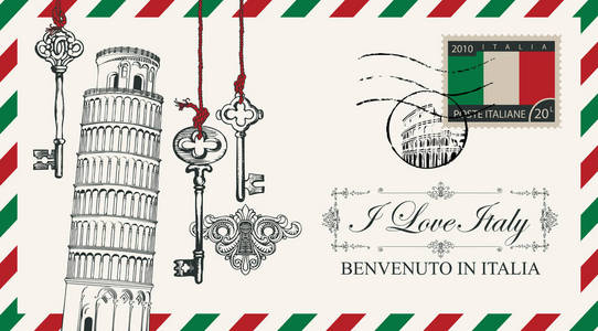 矢量信封或明信片复古风格与比萨斜塔和旧钥匙邮戳形式的罗马竞技场和邮票与意大利国旗。 书法铭文我爱意大利
