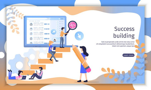 成功的公司建立平面矢量网页横幅。 商务人士公司员工办公室工作人员一起工作，为财务增长插图。 投资项目落地页模板