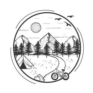 野生动物自然杉树森林景观矢量插图与露营帐篷和自行车在前面。 手绘现代复古风格。