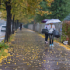 雨中撑伞的女人走在秋巷模糊的背景上