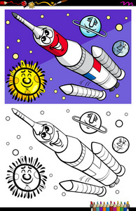 宇宙着色书籍活动中有趣的太空火箭的卡通插图