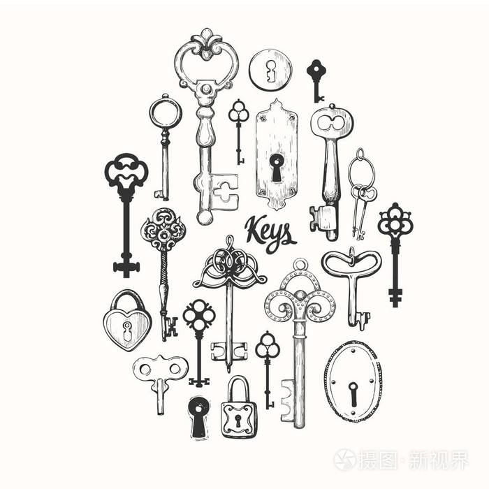 向量组的手绘古董钥匙.在白色背景上的素描样式的插图.旧的设计