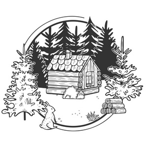 野生动物自然杉树森林景观矢量插图与木屋。 野可爱的兔子和一堆木柴在前面。 手绘现代复古风格。