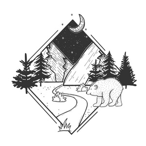 野生动物自然杉树森林和山地景观的矢量插图。 夜空有月亮和星星。 白熊走在前面。 手绘现代复古风格。