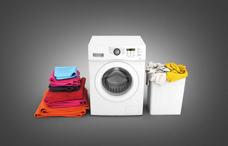概念洗衣机与彩色毛巾和洗衣篮与脏衣服隔离在黑色梯度背景3D渲染。
