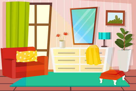 矢量插图舒适的卡通室内家居，一个客厅与扶手椅和抽屉柜，一个窗口和一个脚凳。