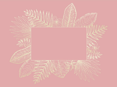 粉红色的金色热带叶子的柔嫩的框架