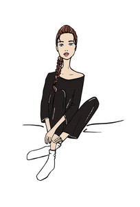 一位时尚女孩坐在睡衣里的矢量插图。 手绘涂鸦风格。