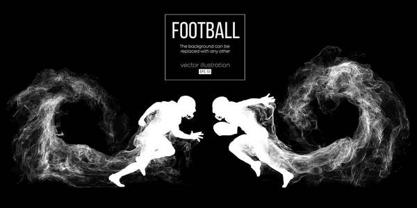 一个美国足球运动员的抽象剪影在黑暗的黑色背景从微粒, 尘土, 烟, 蒸汽。足球运动员带球跑。橄榄球。背景可以更改为任何其他。向量