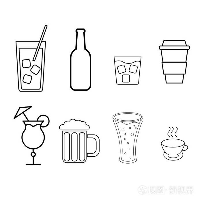 插画 一套简单的黑色和白色的酒精饮料图标的酒吧, 咖啡厅: 鸡尾酒