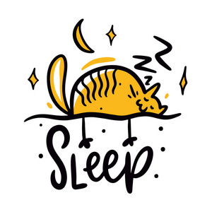 睡眠生姜小猫睡眠短语 猫卡通风格 手绘矢量插图.
