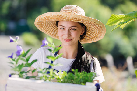 园艺概念。美丽的年轻妇女园丁与花在木箱