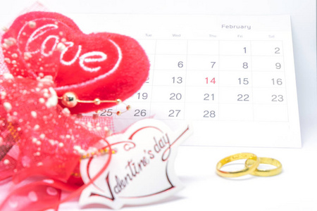 s day, heart card love, calendar of February, and ring on white 