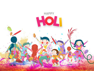 快乐的霍利海报或横幅设计与快乐的儿童人物庆祝霍利节。