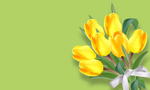 黄色郁金香花花束向量现实横幅。春季模板3d 插图