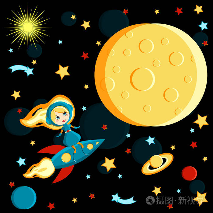 坐火箭飞向月球的女孩太阳土星地球其他行星恒星彗星空间卡通风格