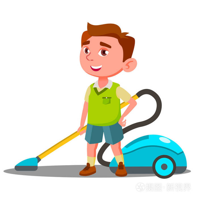 小男孩与吸尘器帮助做房子清洁向量.孤立的插图