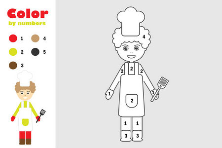 烹饪在卡通风格, 颜色的数字, 教育纸游戏的发展, 着色页, 儿童学前活动, 可打印的工作表, 矢量插图