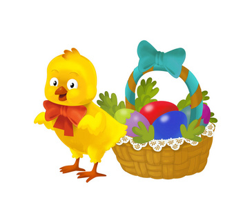 卡通快乐鸡与复活节篮子满蛋白色背景儿童插图