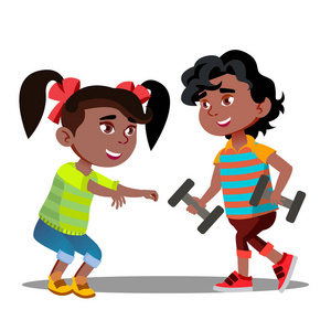 小女孩和男孩做体操运动向量。孤立的插图