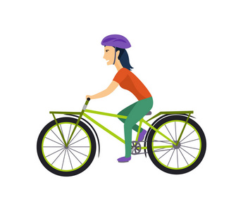 冷向量字符设计成人年轻女子骑自行车。时尚的短发女性嬉皮士在自行车, 侧视图, 被隔绝