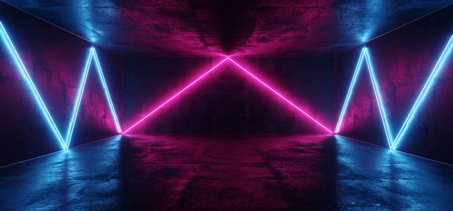 科幻现代外星三角霓虹灯舞蹈俱乐部发光的粉红色，紫色，蓝色，舞台讲台，圆圈形状，烟雾和雾在灰色混凝土反射室，充满活力的3绘制插图。